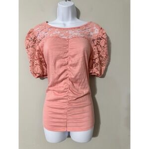 A‎ Love Story Women's Pink Lace Sleeve Gathered Tunic Top Size L